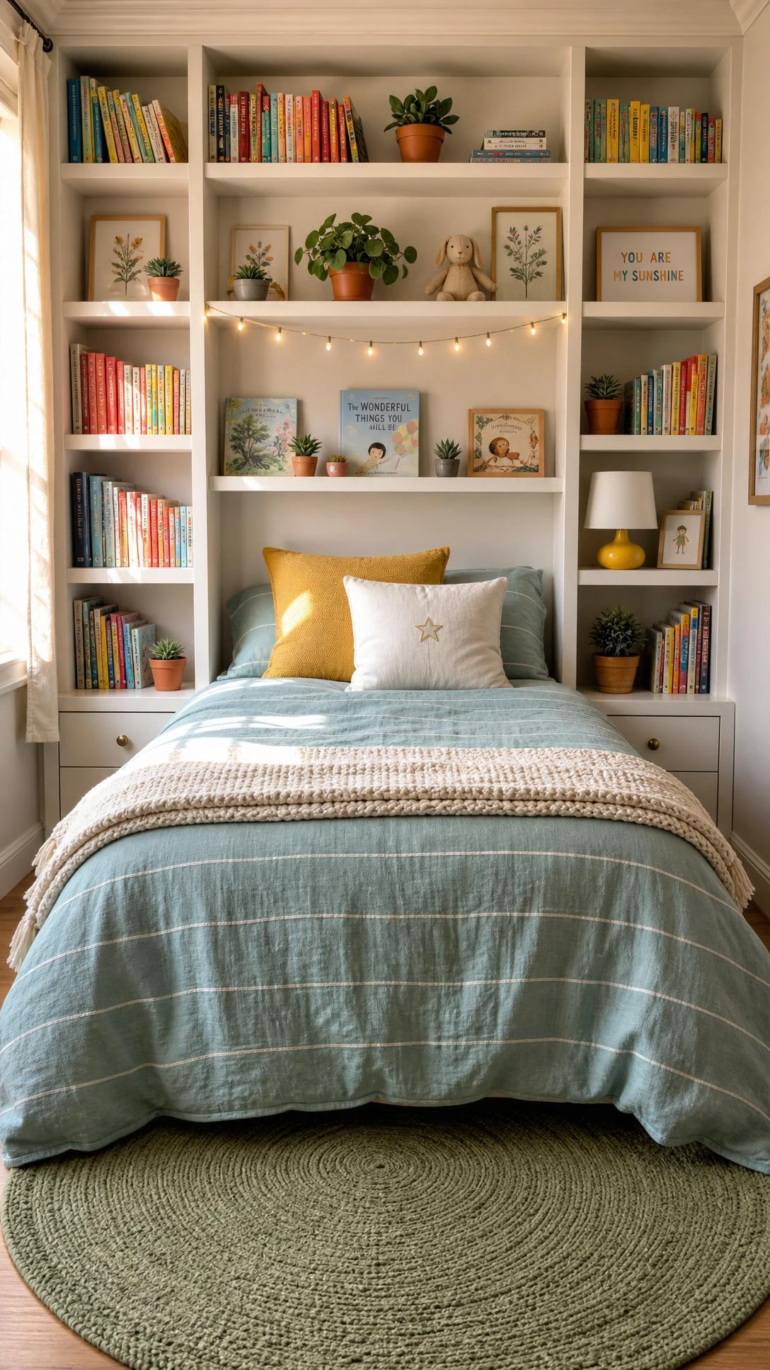 Floor-to-ceiling white bookshelf headboard built into a child's bedroom wall, with colorful books filling open cubbies above a centered bed