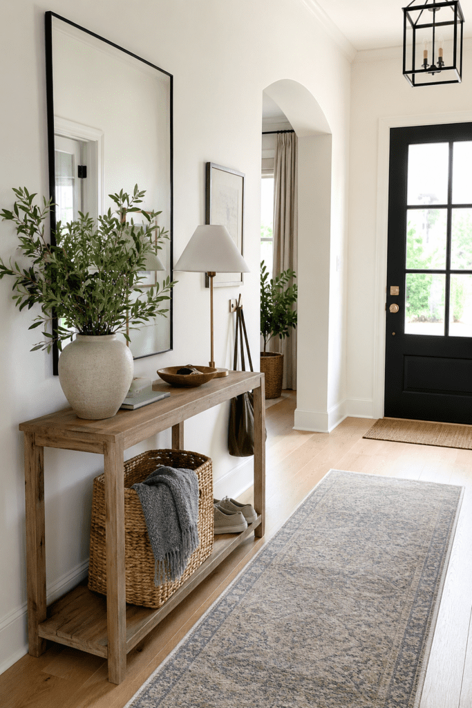 Small entryway styled with a console table, round mirror, plant, and lamp making the space look expensive and welcoming.

