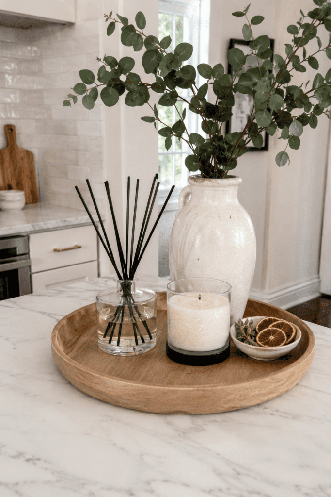 White pillar candle burning softly on a coffee table in a cozy living room making the home smell and feel expensive