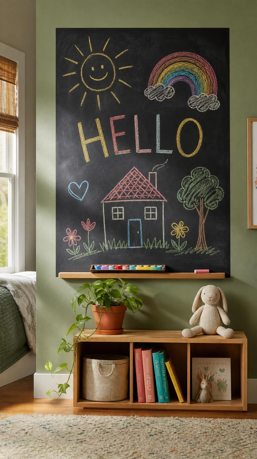 Large matte black chalkboard rectangle painted on sage green bedroom wall, covered in colorful chalk drawings of a sun and rainbow — a budget kids room decor upgrade that looks intentional and art-gallery polished