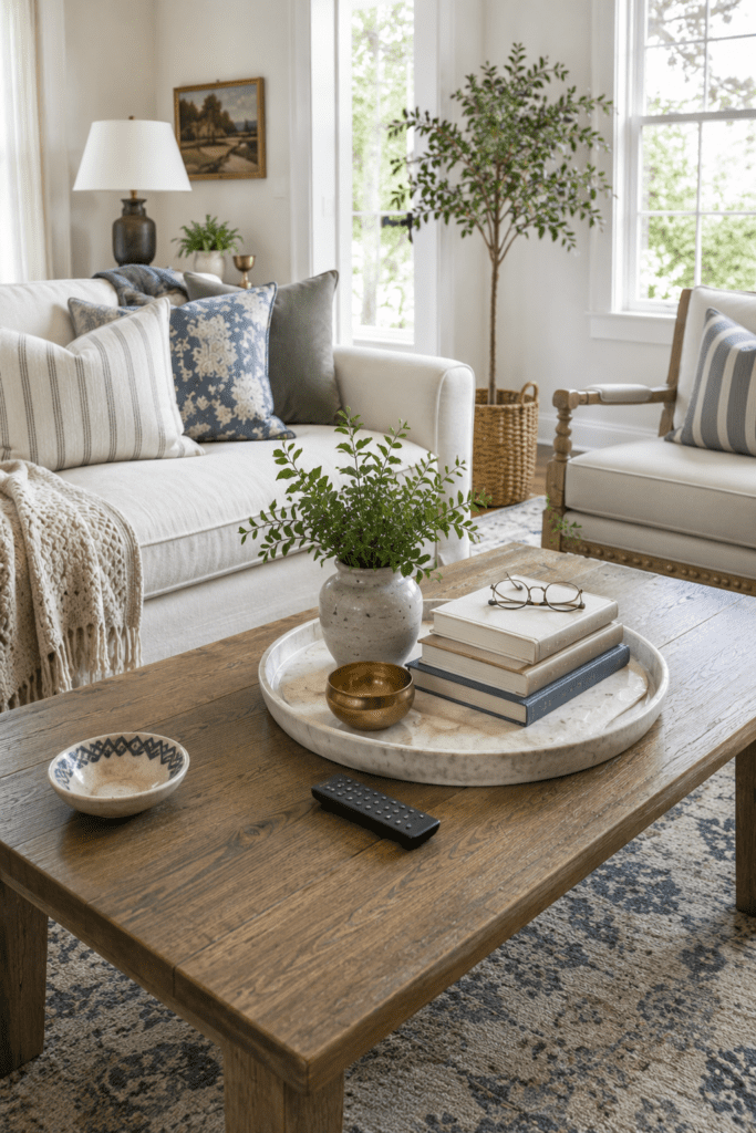 Wooden coffee table styled with a marble tray, stacked books, candle, and dried stem vase for a designer expensive look on a budget