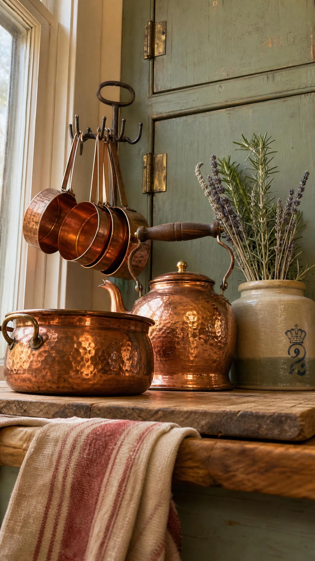Small copper accent pieces clustered on a worn butcher block countertop, shot low-angle with warm window light highlighting the vintage kitchen charm of each piece