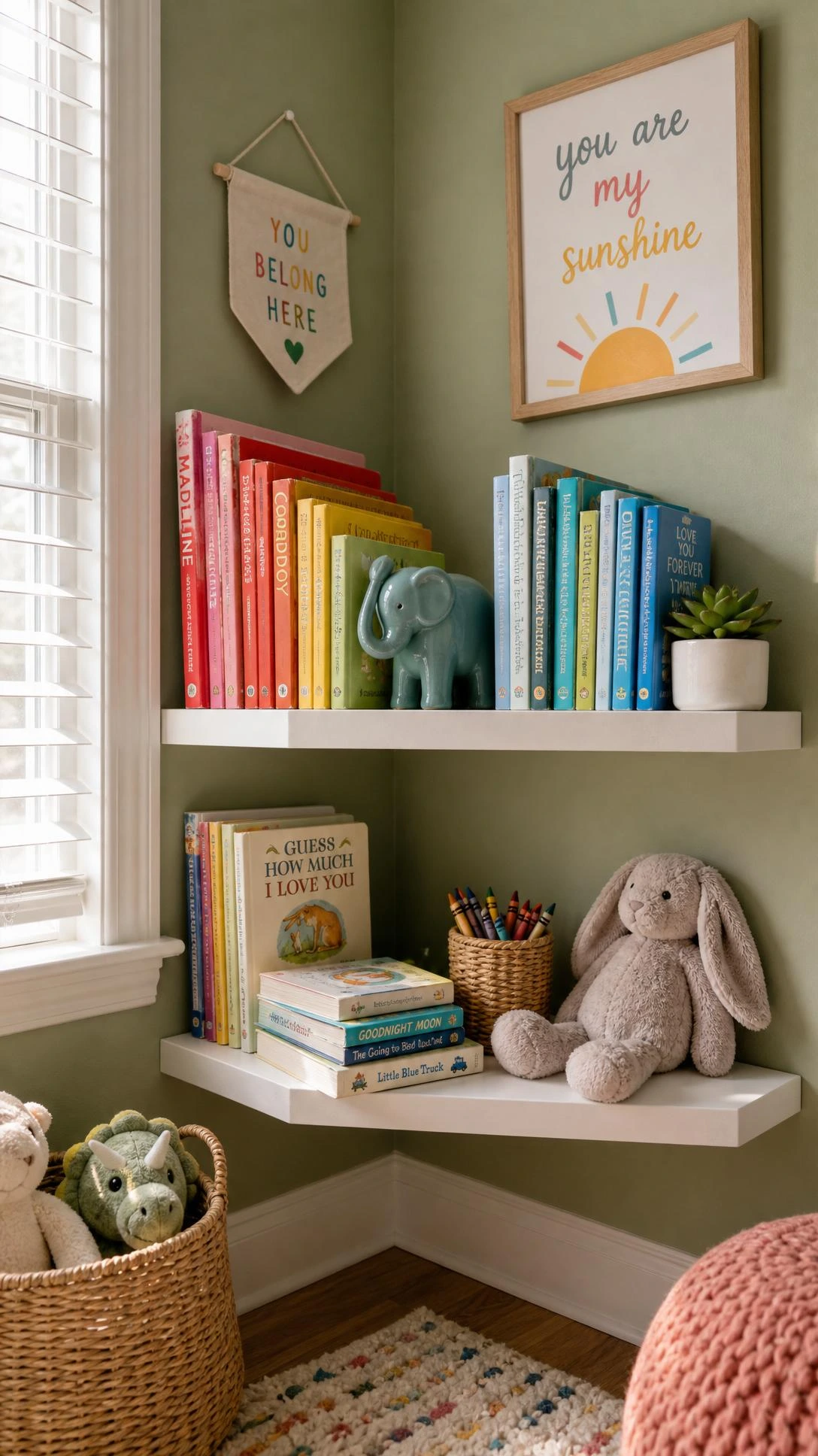 Two white corner floating shelves at different heights on a sage green wall, displaying colorful children's picture books in a rainbow arrangement with a small ceramic elephant figurine