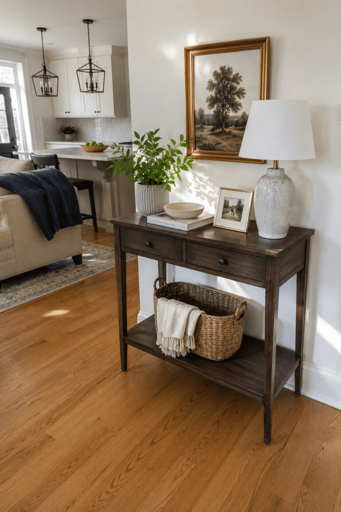 Clean minimal living room with clear surfaces and intentional styling showing how decluttering makes a home look expensive.
