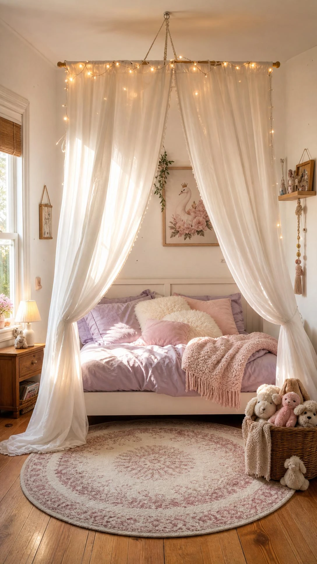 DIY kids bed canopy made from sheer white curtain panels draped from ceiling hook, glowing in warm afternoon light over a low white bed frame