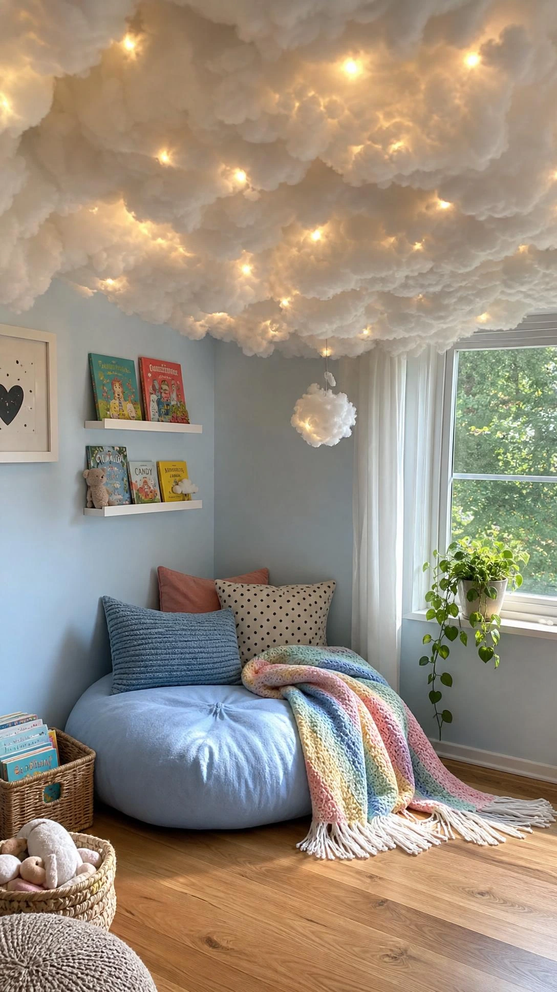DIY cloud ceiling made from white polyester fiber fill with fairy lights woven through, creating a glowing cumulus cloud effect in a child's bedroom corner