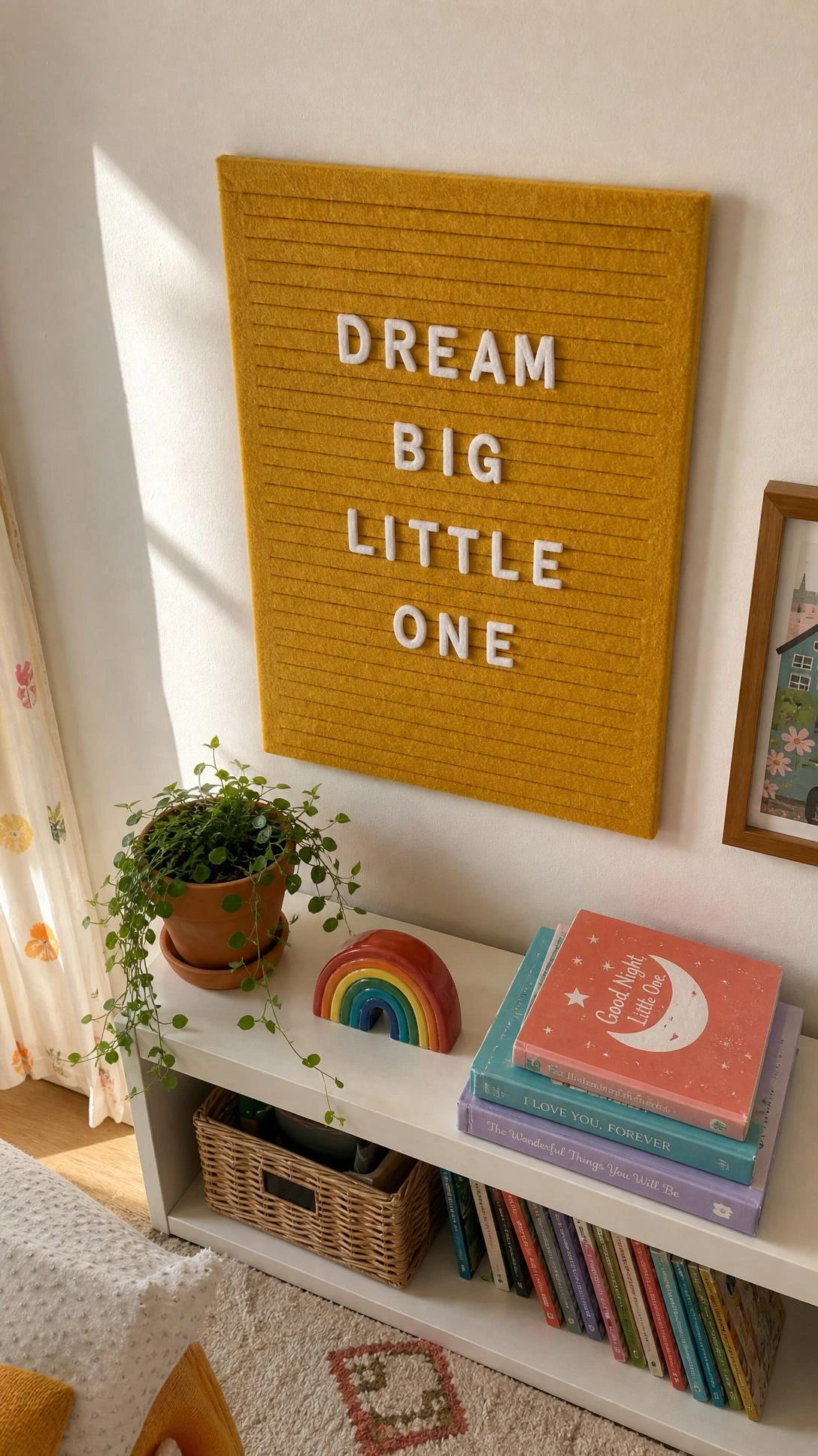 DIY mustard yellow felt letter board on foam base spelling DREAM BIG LITTLE ONE, hung in a kids bedroom — a budget-friendly kids room decor statement piece