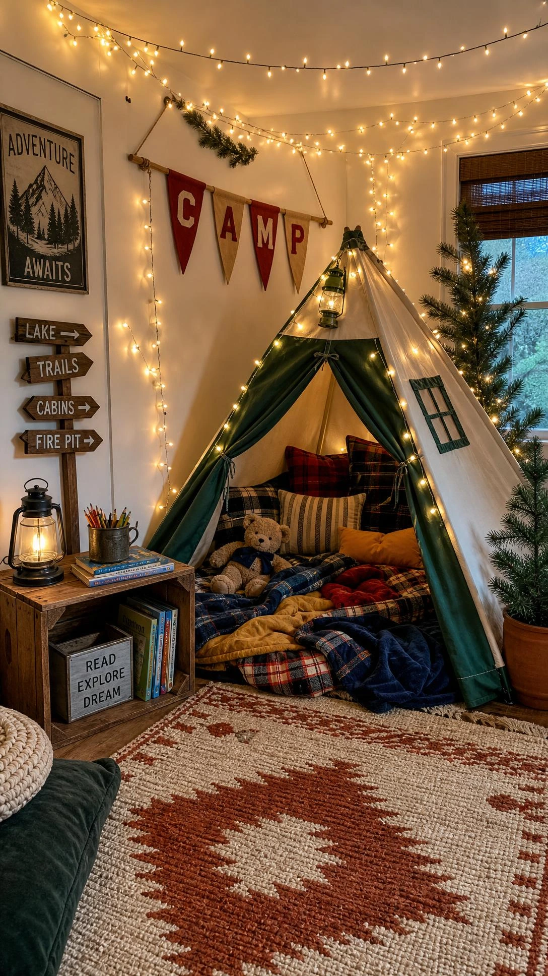 DIY indoor camping corner in a kid's bedroom with a canvas tent, warm fairy lights draped from the ceiling, and a plush rug creating a cozy play nook