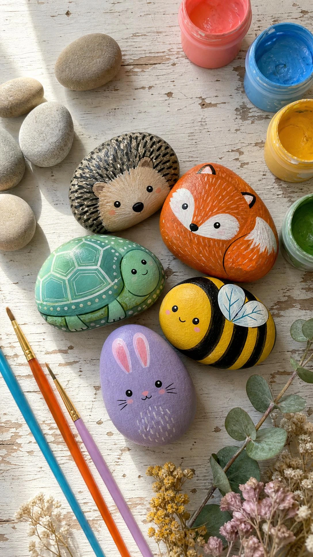 Hand-painted rock animals including a hedgehog, fox, turtle, and bumblebee arranged on a worn white wood surface — a budget DIY kids room decor project