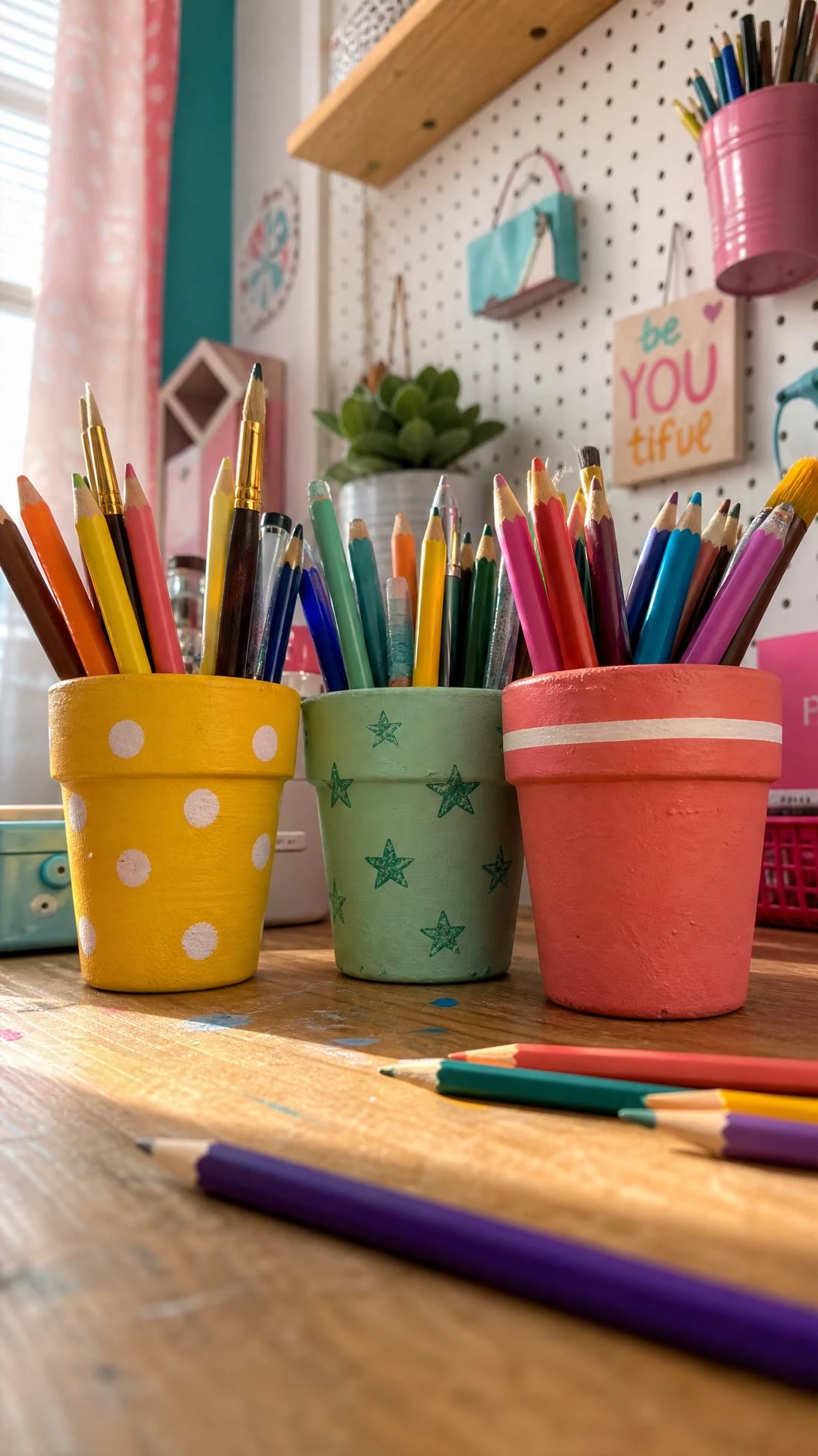 Three hand-painted terracotta pots used as pencil holders on a child's wooden desk, featuring sunshine yellow with white polka dots and bold playful colors