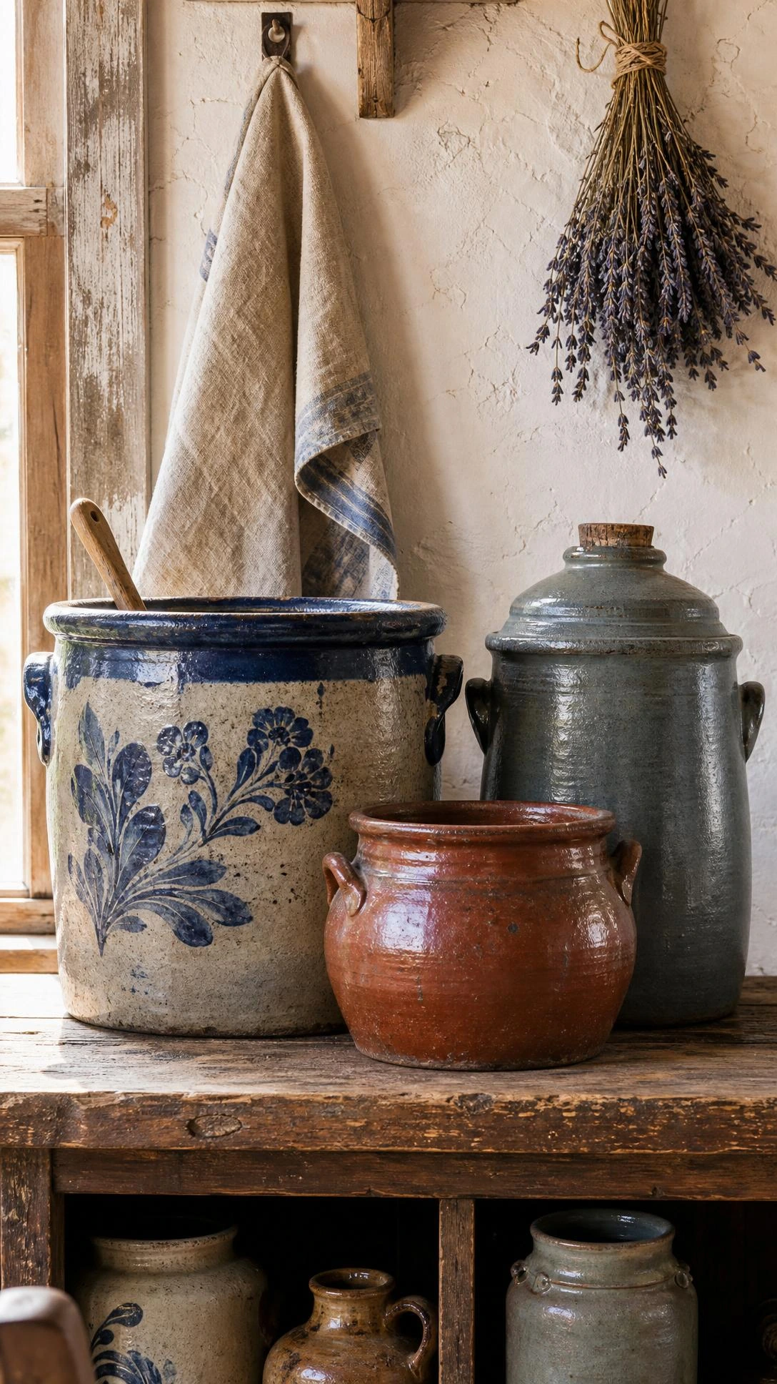 Salt-glazed stoneware crocks grouped by height on a worn farmhouse shelf, with cobalt blue hand-painted florals anchoring a vintage kitchen vignette