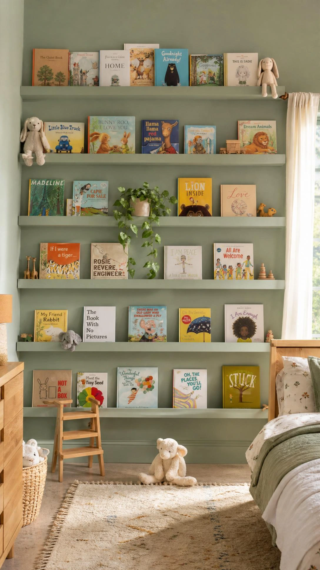 Floating book ledges painted sage green blend seamlessly into a child's bedroom wall, creating an affordable built-in look with colorful picture books on display