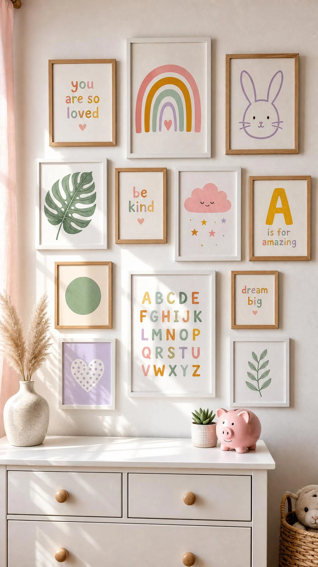 Kids bedroom gallery wall with 9–12 framed free printable art prints in white and natural wood frames, arranged in a playful grid layout from mid-wall to ceiling