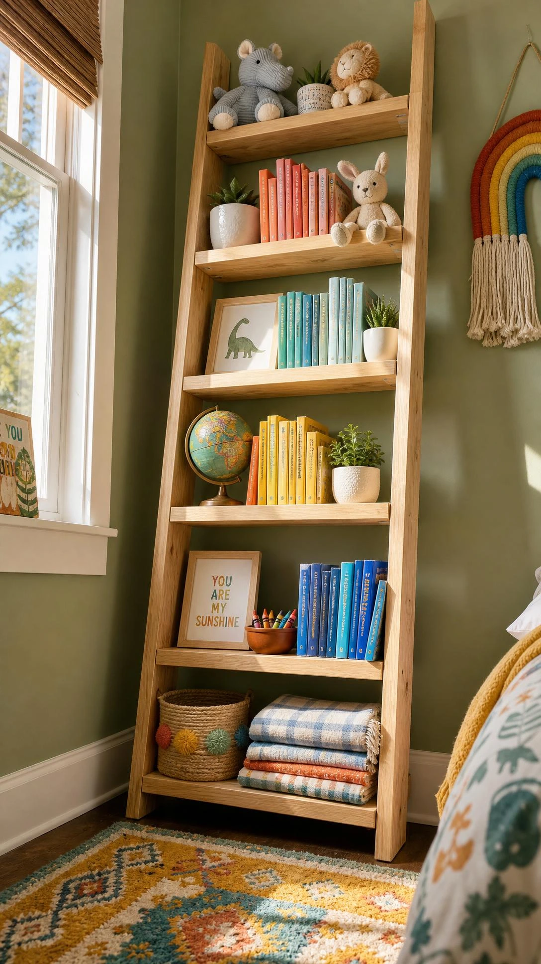 Tall wooden ladder shelf leaning against sage green wall in a small kids bedroom, holding rainbow-spine books, succulents, and stuffed animals