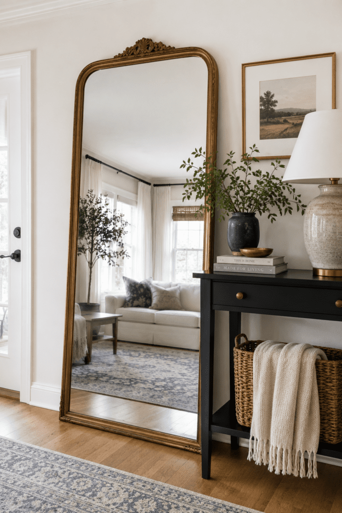 Bedroom with floor-to-ceiling white linen curtains hung high and wide making the room look expensive, airy, and designer styled.