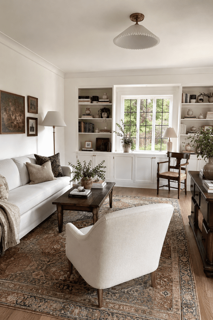 Cozy living room with layered lighting including a floor lamp and table lamp creating a warm expensive designer feel