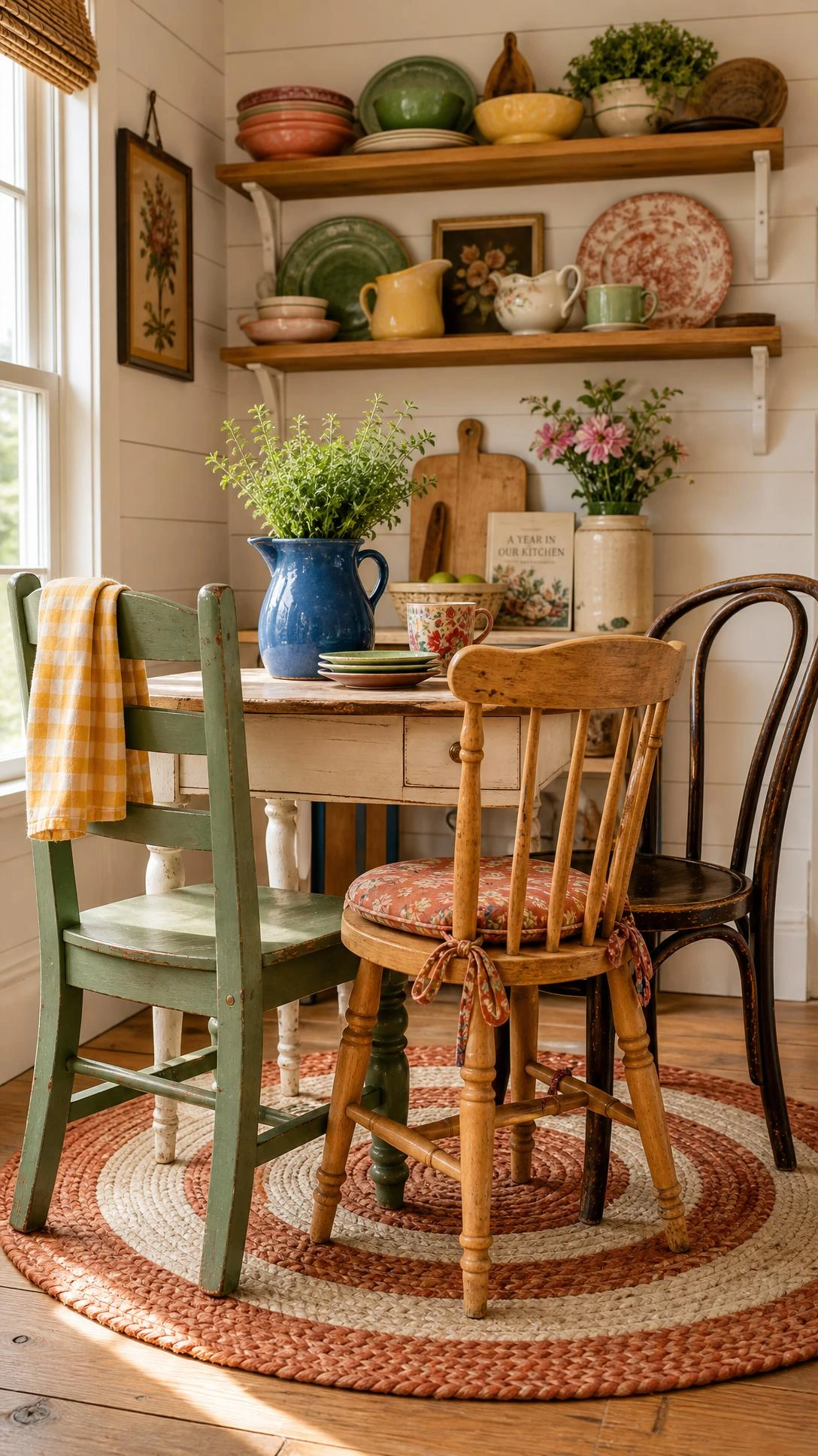 Mismatched wooden chairs around a vintage kitchen table, including a sage green ladder-back and honey spindle chair with rust floral cushion, adding lived-in charm