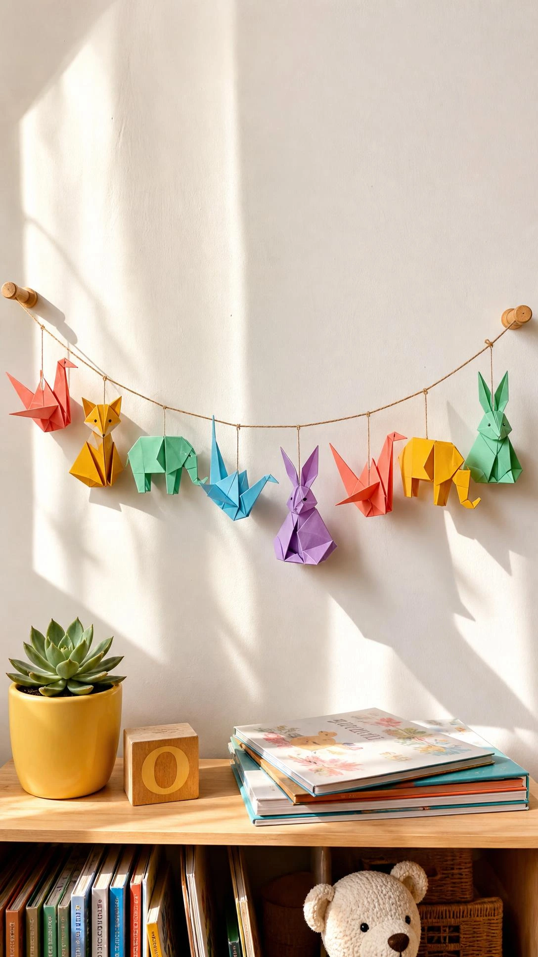 Colorful paper origami animal garland with cranes, foxes, elephants, and bunnies in coral, yellow, mint, and lavender strung across a kids bedroom wall