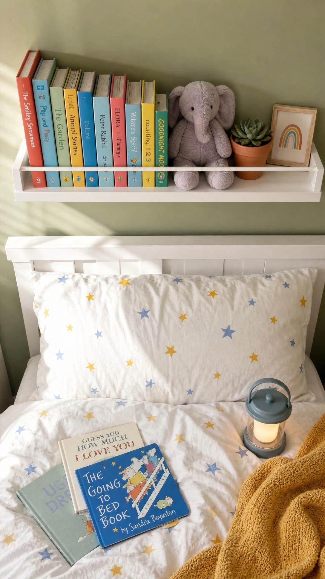 White floating shelf with safety rail mounted above a wooden bed frame against sage green wall, maximizing vertical storage in a small kids bedroom