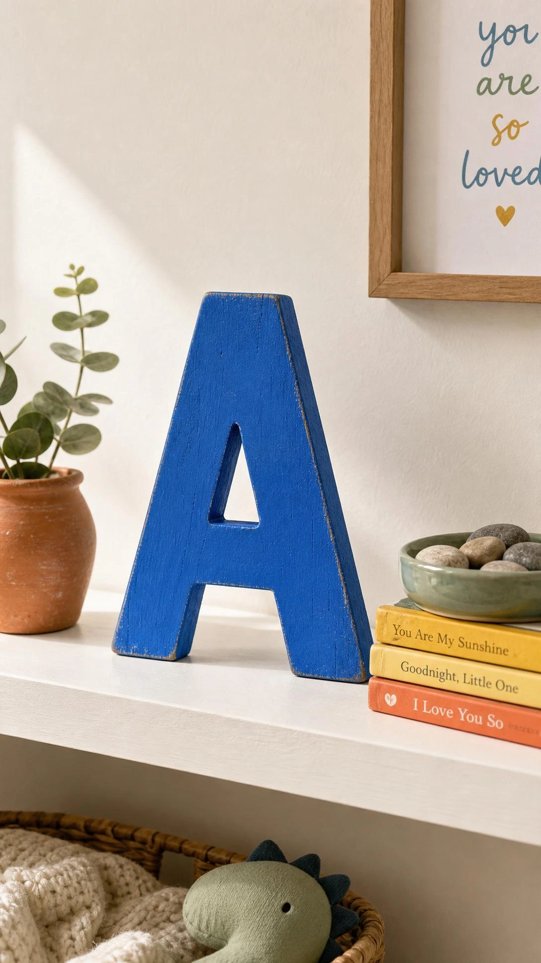 Cobalt blue painted wooden letter A with chalky brushstroke texture displayed as a DIY kids room decor shelf vignette in warm natural light