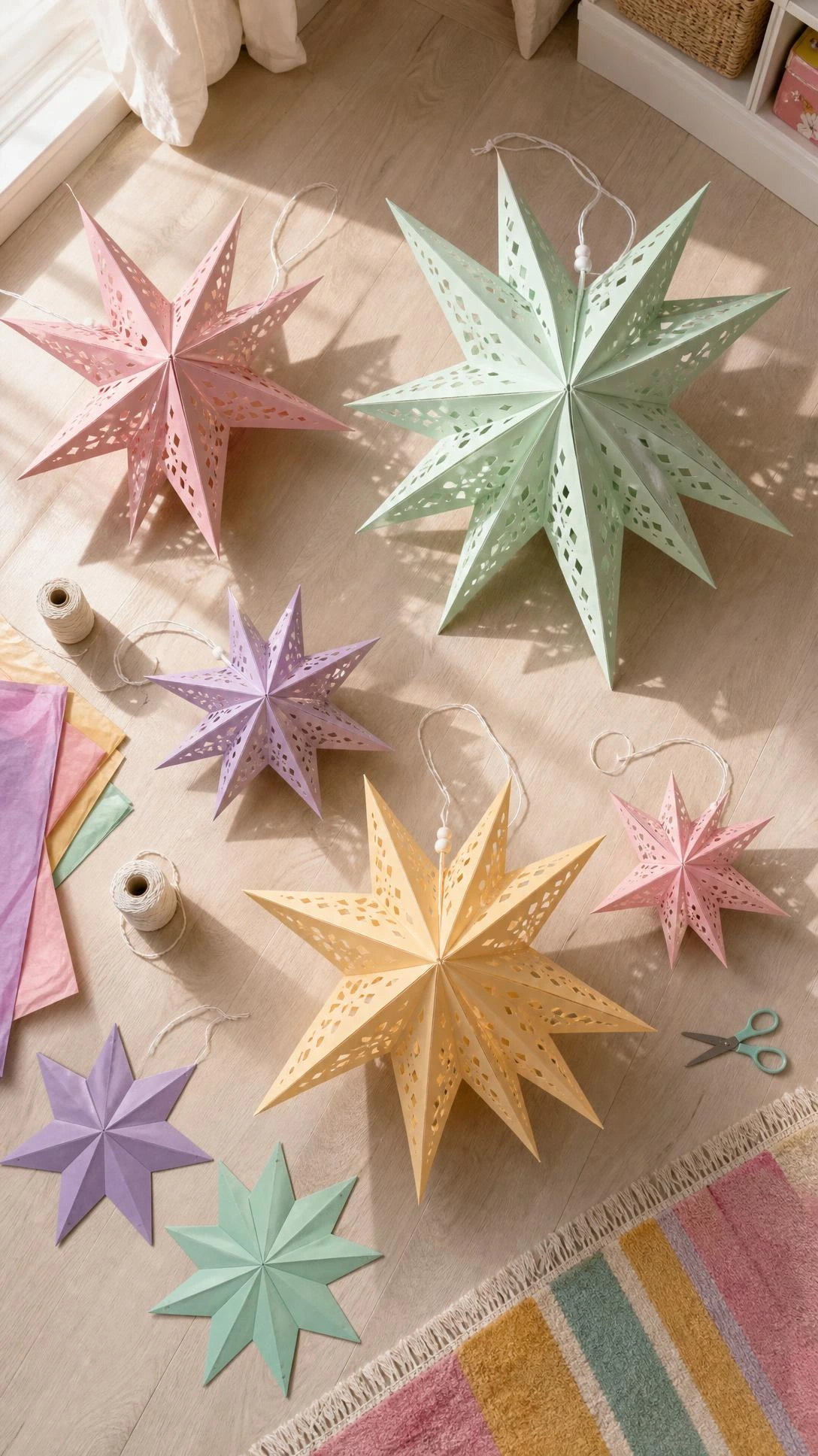 Five handmade paper star lanterns in mint, blush, lavender, and yellow photographed overhead on light wood floor, showing size variety and geometric shadow detail for a DIY kids room decor project