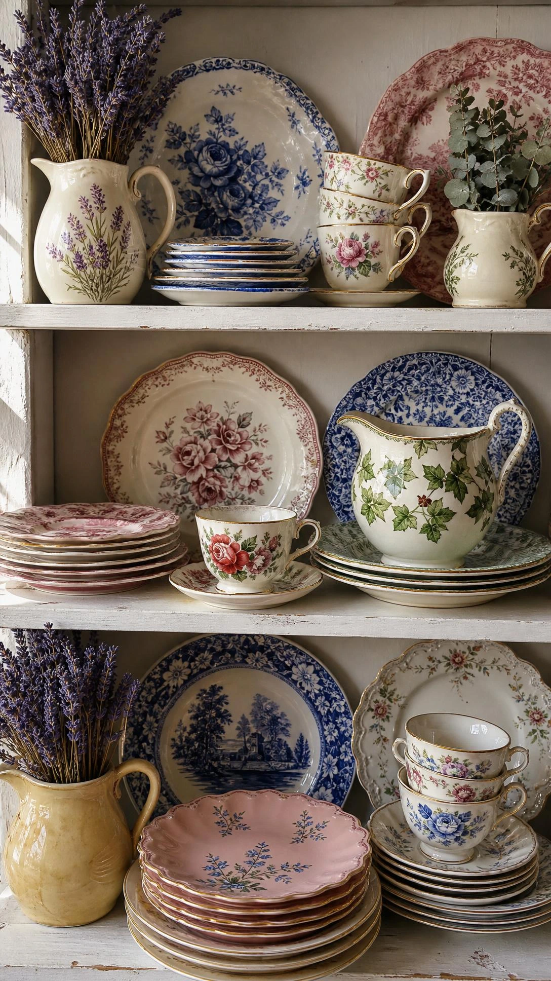 Overhead flat lay of three white-painted open kitchen shelves stacked vertically, styled with mismatched vintage patterned china featuring floral transfers