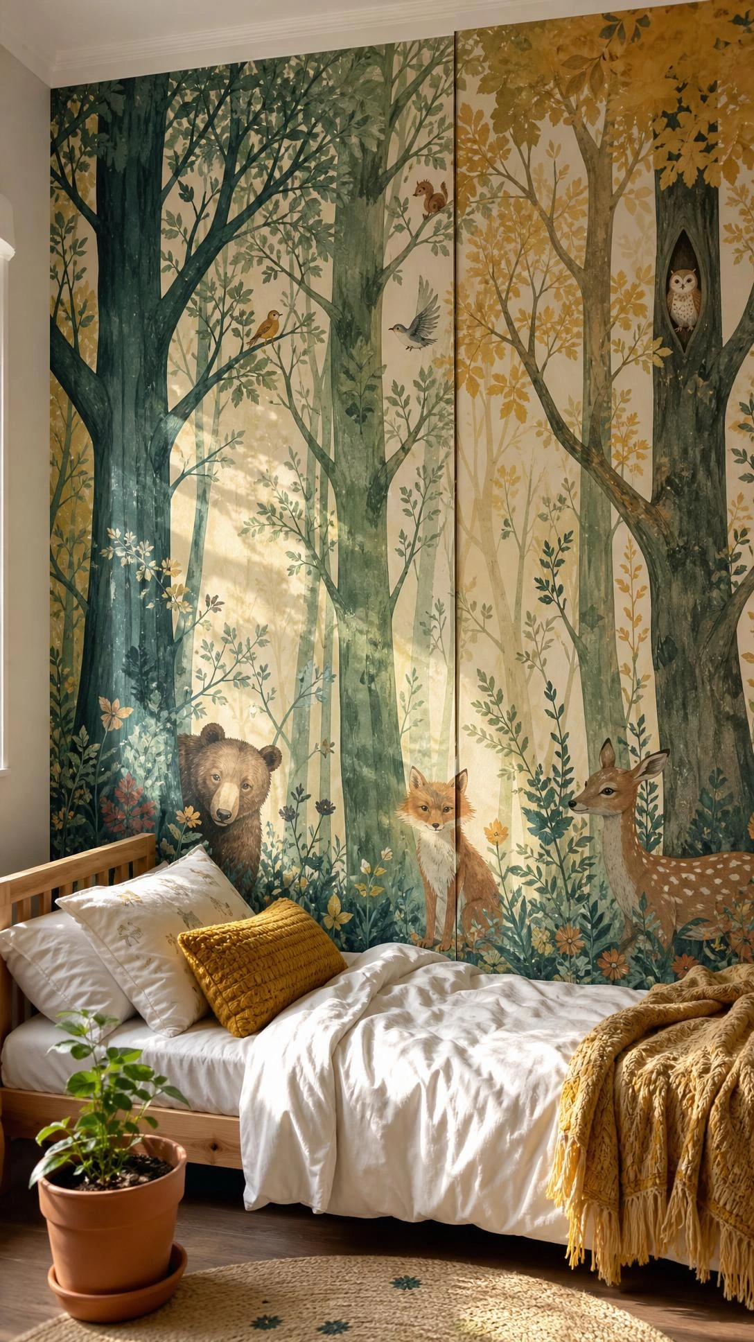 Peel and stick wall mural panels transforming a child's bedroom into an enchanted forest with floor-to-ceiling teal, sage, and golden illustrated trees