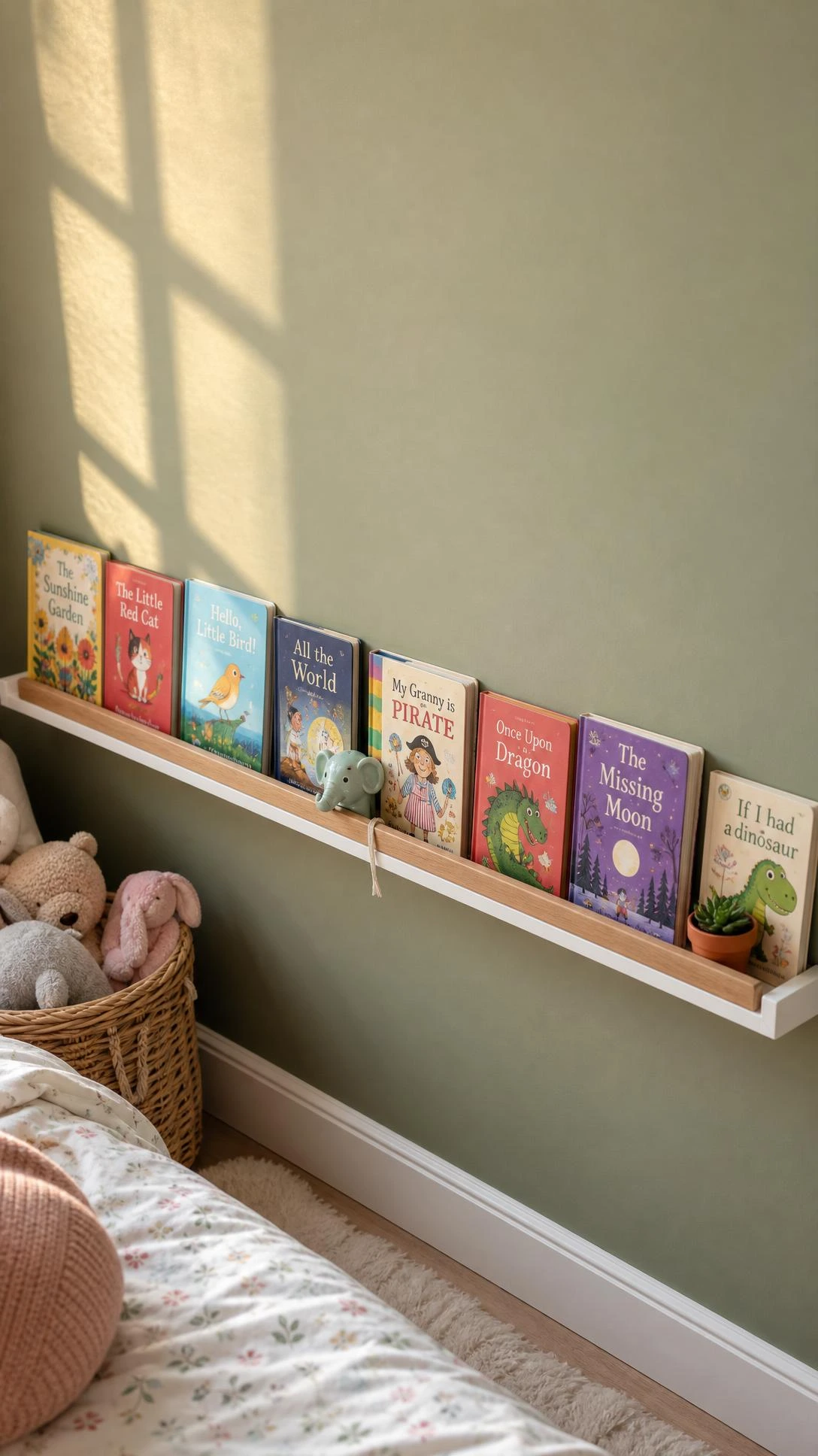White picture ledge shelf mounted low on a sage green wall displays front-facing children's books in rainbow colors, maximizing small bedroom storage