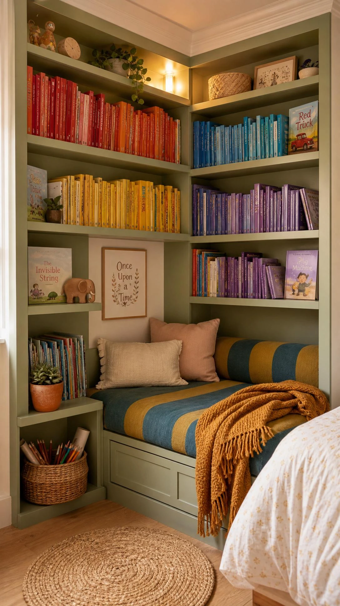 Floor-to-ceiling sage green built-in bookshelves wrapping a kids bedroom corner, filled with color-sorted children's books in a cozy reading nook