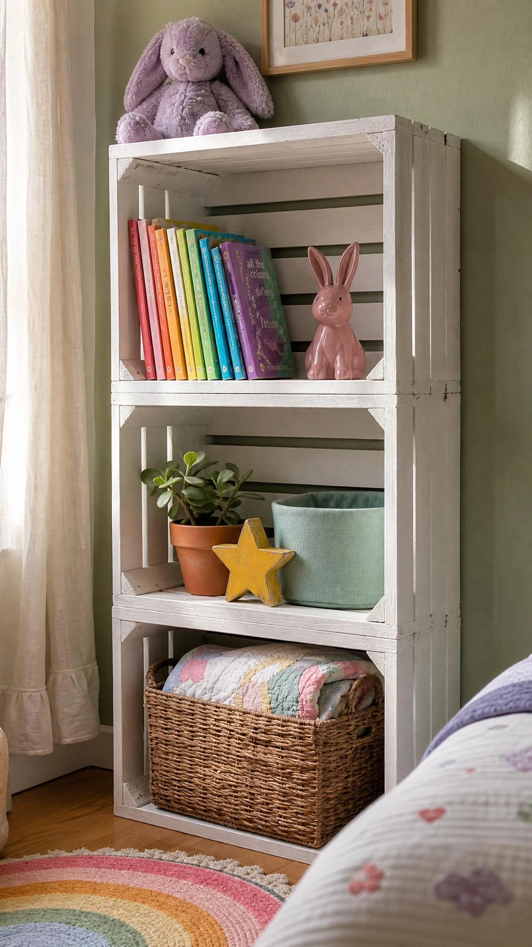 White-painted wooden crate shelving unit mounted on a sage green wall in a kids bedroom, showing budget DIY storage that looks purposeful and polished