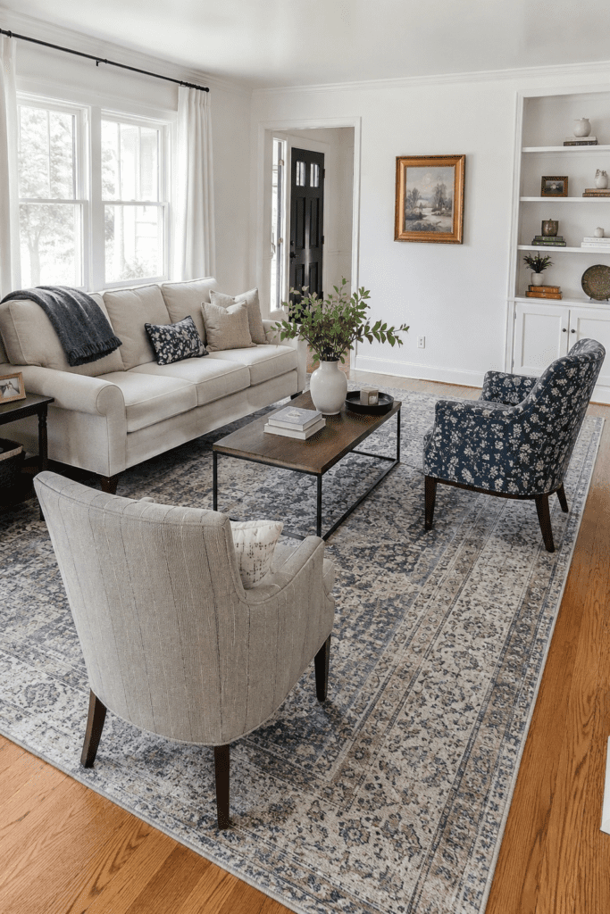 iving room with a large properly sized area rug anchoring the sofa and chairs making the space look expensive and well designed.
