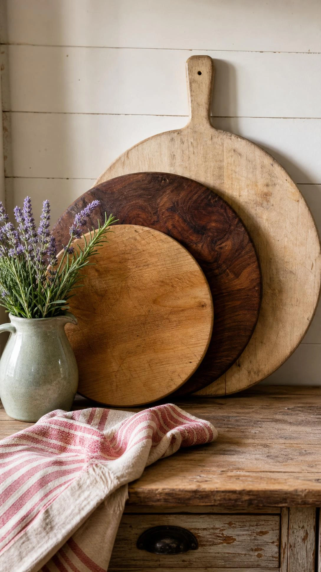 Three round wooden cutting boards in maple, walnut, and birch leaned against shiplap wall, showing varied grain textures that give a vintage kitchen its layered, lived-in charm
