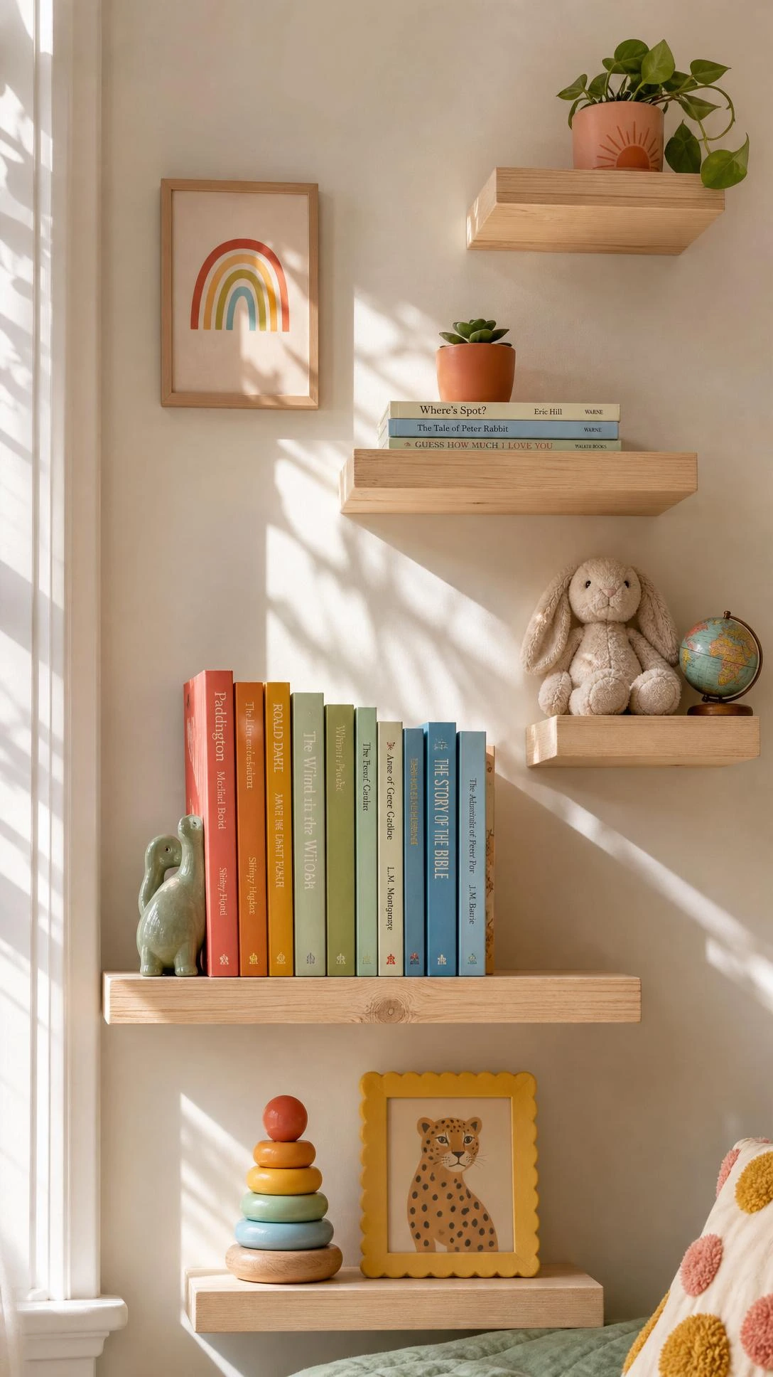 Staggered floating shelves in varied sizes mounted asymmetrically on a white wall, showing how mixed pine shelf dimensions maximize small kids room storage with playful visual rhythm