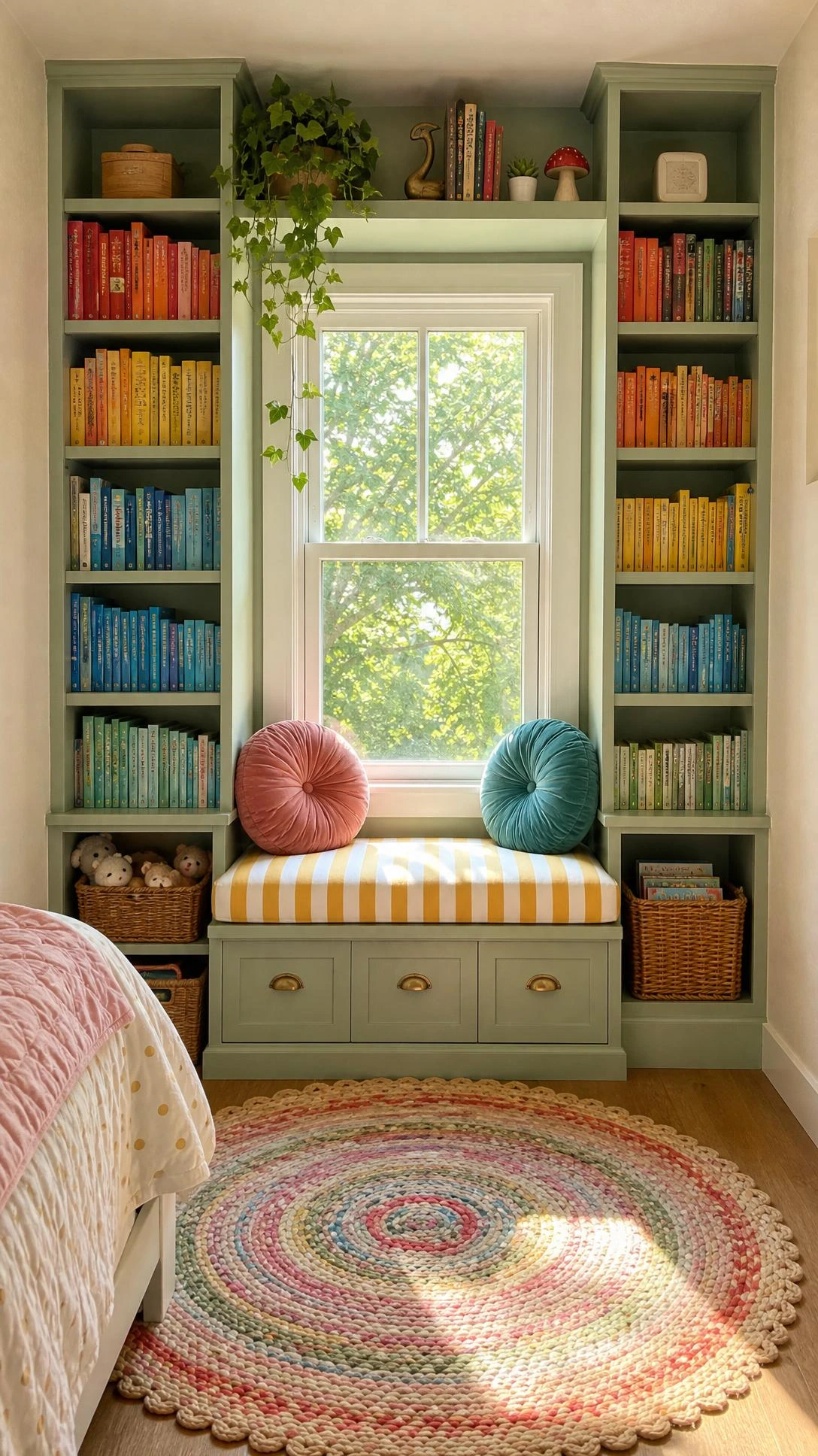 Built-in window seat bookcase flanking both sides of a white-framed window in a small child's bedroom, maximizing under-window storage with floor-to-ceiling shelving