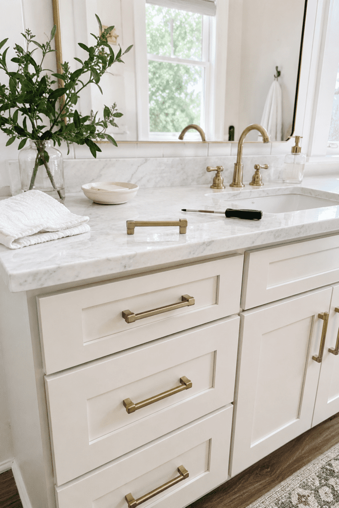  White kitchen cabinets with brushed gold hardware showing how a simple inexpensive upgrade makes the kitchen look expensive.
