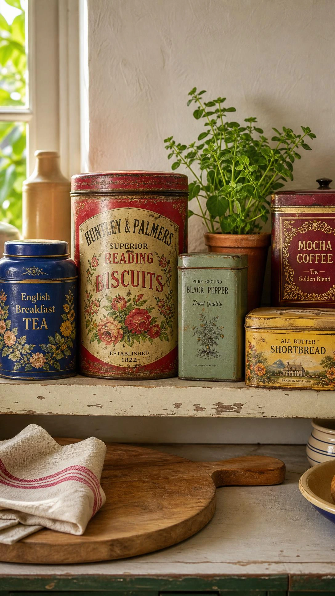 Vintage printed tins and storage containers arranged on a farmhouse kitchen shelf, with a red lithographed biscuit tin and cobalt blue tea tin adding nostalgic charm
