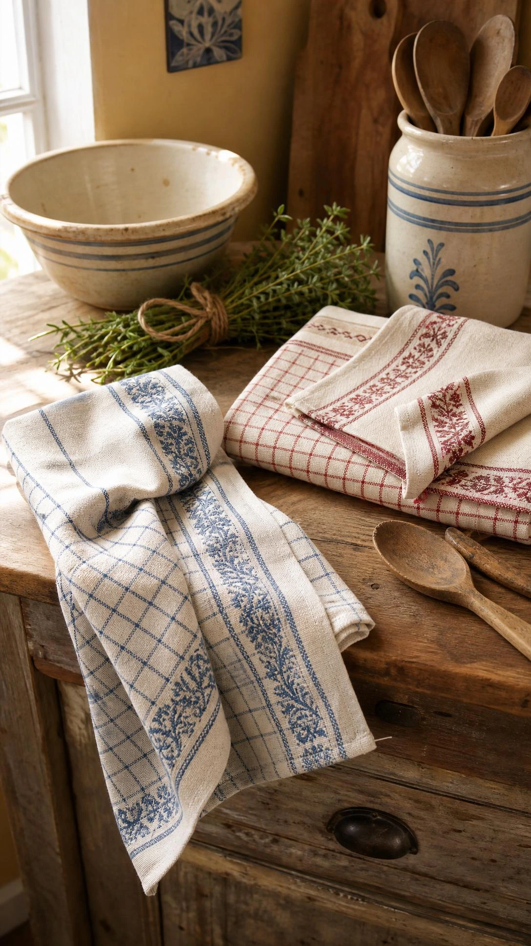 Two folded vintage tea towels with classic red and white farmhouse prints styled on a rustic wooden counter beside a small ceramic crock