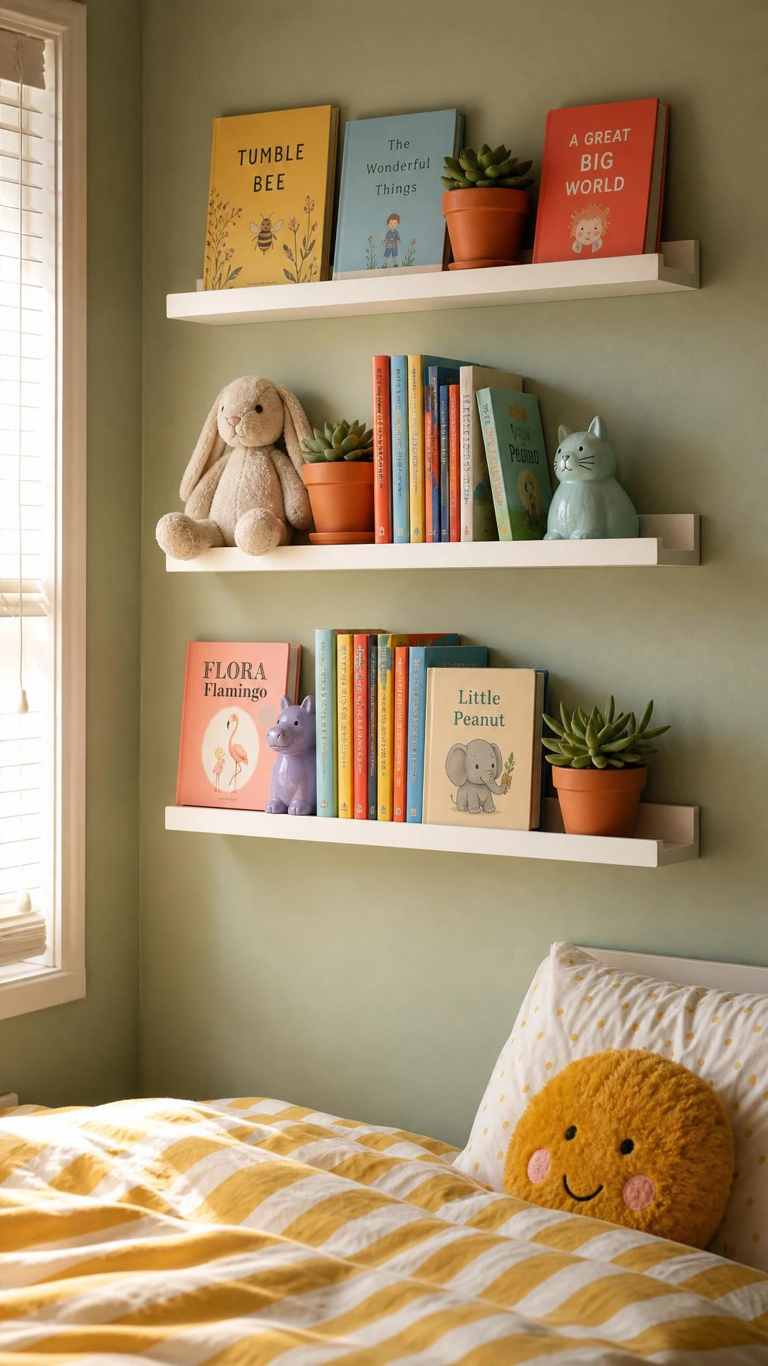 Wall-mounted floating shelves staggered on a sage green bedroom wall, maximizing vertical storage space with colorful children's books and small toys