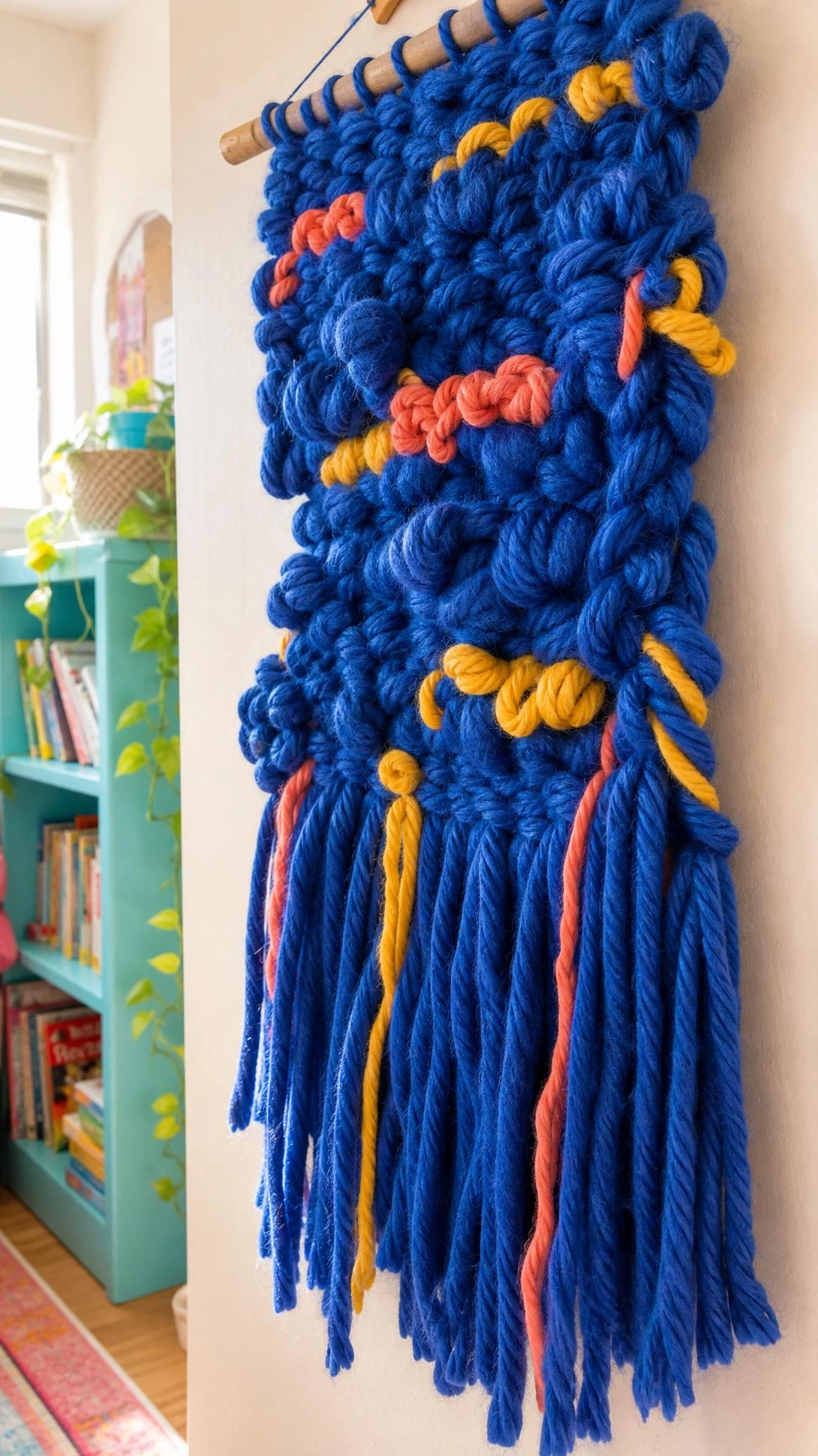 Handmade yarn wall hanging in bold cobalt blue with chunky knotted loops and cascading fringe mounted on white bedroom wall — a budget DIY kids room decor statement piece