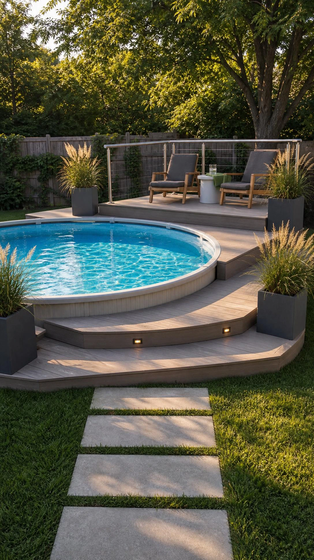 Small backyard above-ground pool with multi-level light gray composite deck surround wrapping three sides, showing how a raised deck transforms a budget pool setup
