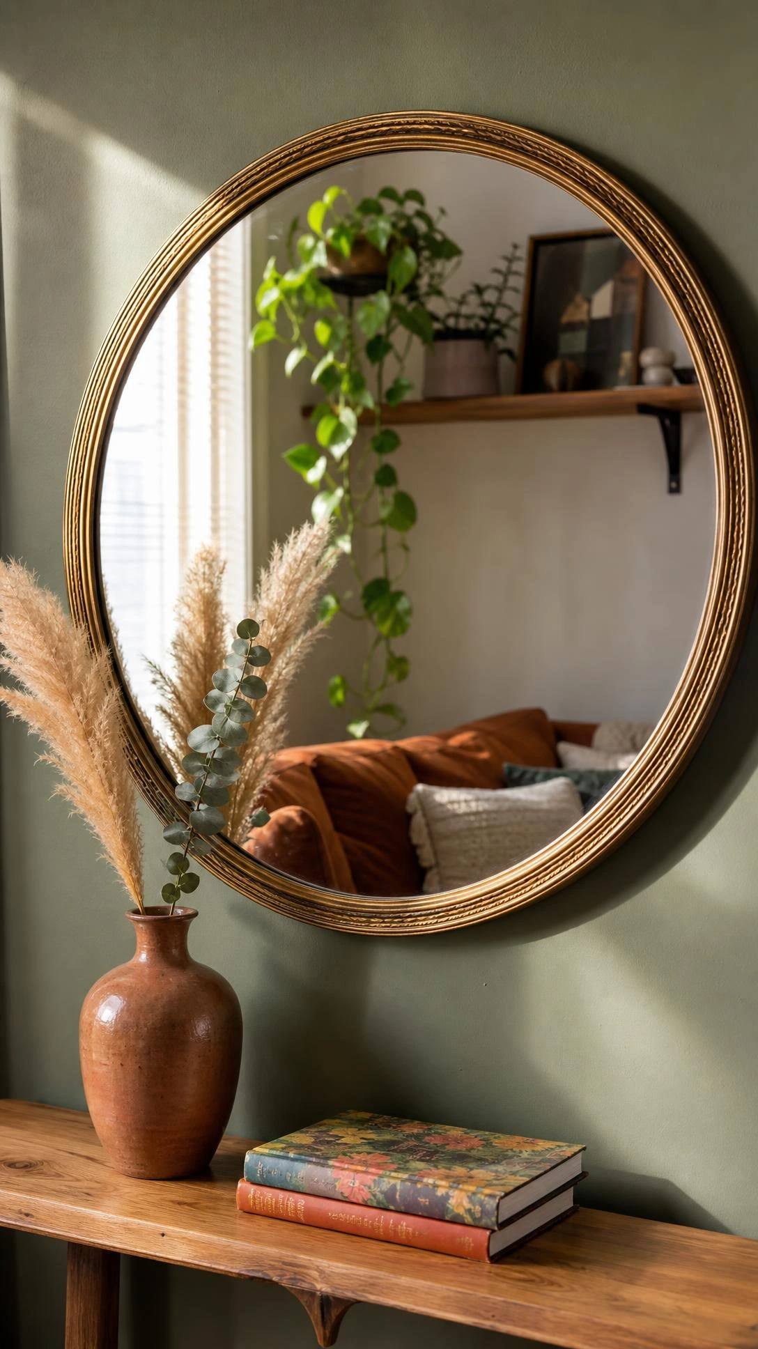 Large ornate round mirror with brushed gold frame on sage green wall reflecting rust-orange sofa, showing how mirrors open up a living room without new furniture