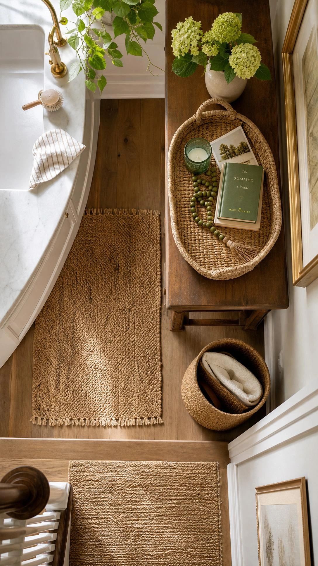 A jute rug, woven tray, and seagrass bin add natural texture to small summer home spots.