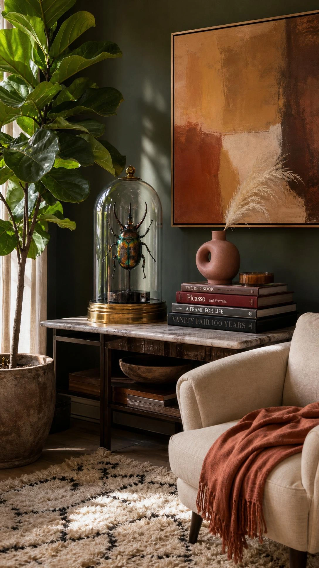 Antique taxidermy beetle displayed on a marble console table in an eclectic luxury living room, showing how one quirky object can anchor a curated interior corner