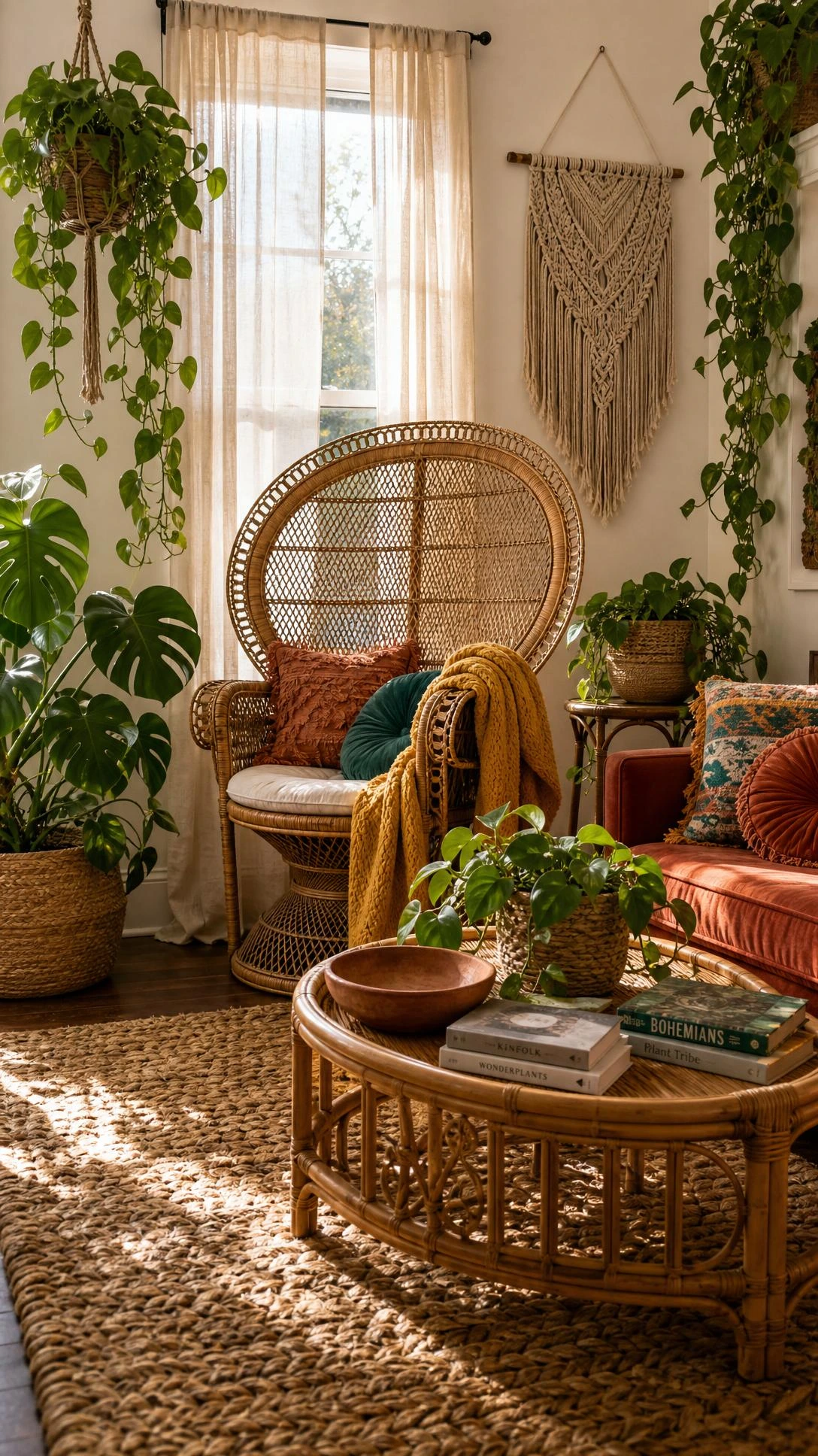 Rattan peacock chair with mustard-yellow throw in a sunlit boho living room, showing how woven texture adds warmth without visual clutter