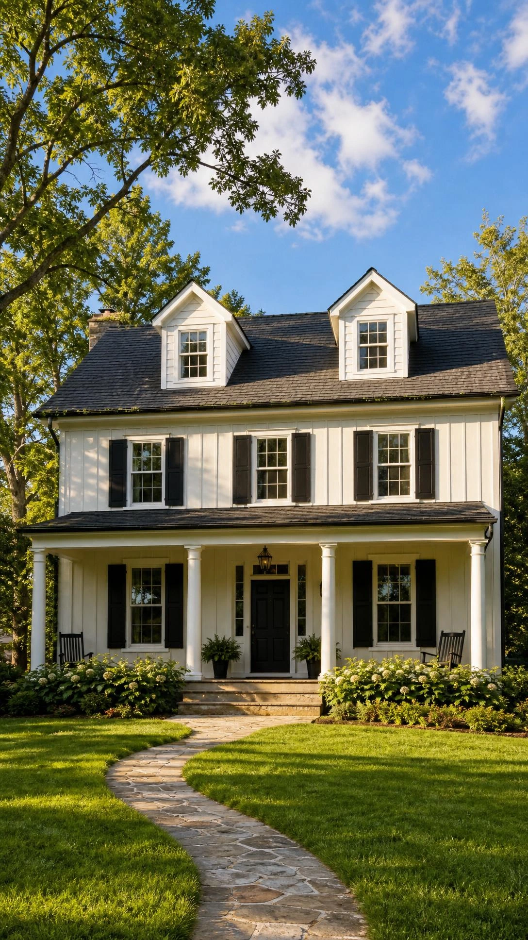 Two white shed dormers with small-paned windows added to a dark charcoal roof dramatically reshape this two-story home's roofline and curb appeal
