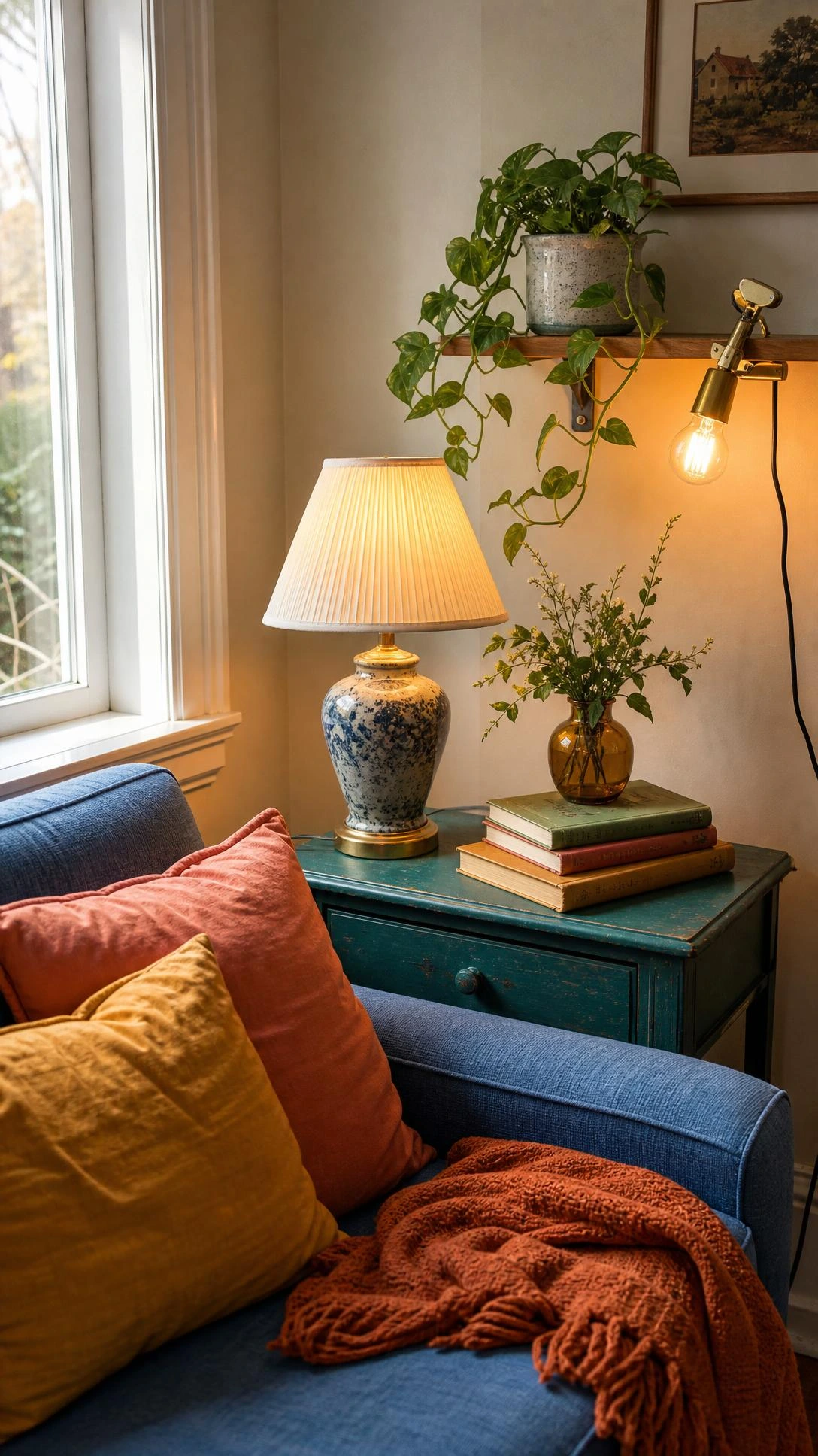 Thrifted ceramic lamp with warm LED bulb glows on a teal secondhand side table, showing affordable lighting ideas for a fresh living room.