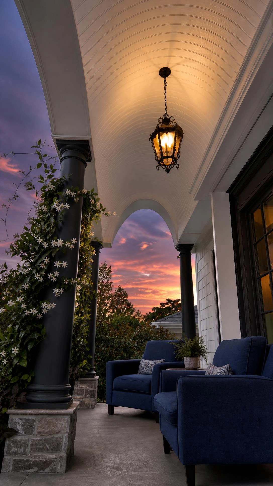 Low-angle view of a dramatic barrel arch vaulted porch ceiling painted crisp white, bathed in golden hour light that makes the curved structure soar overhead