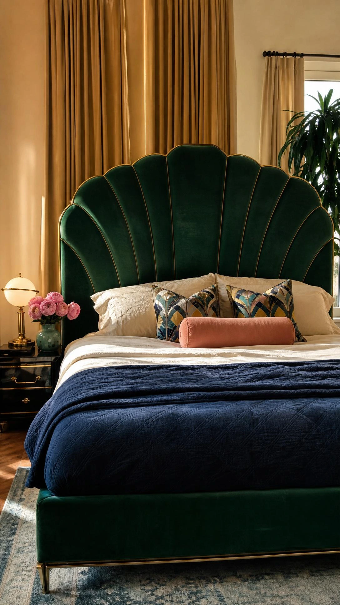 Emerald velvet Art Deco bedroom headboard with brass trim anchors ivory bedding, navy quilt, and geometric cushions