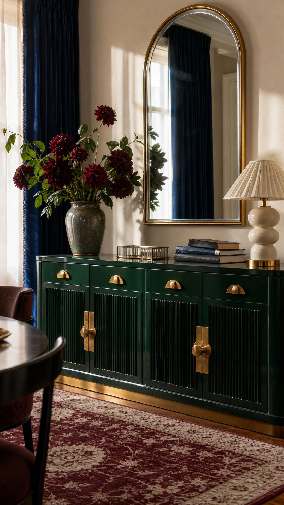 Deep emerald lacquered dining room cabinet with fluted doors showcases Art Deco brass cabinet hardware and fan knobs