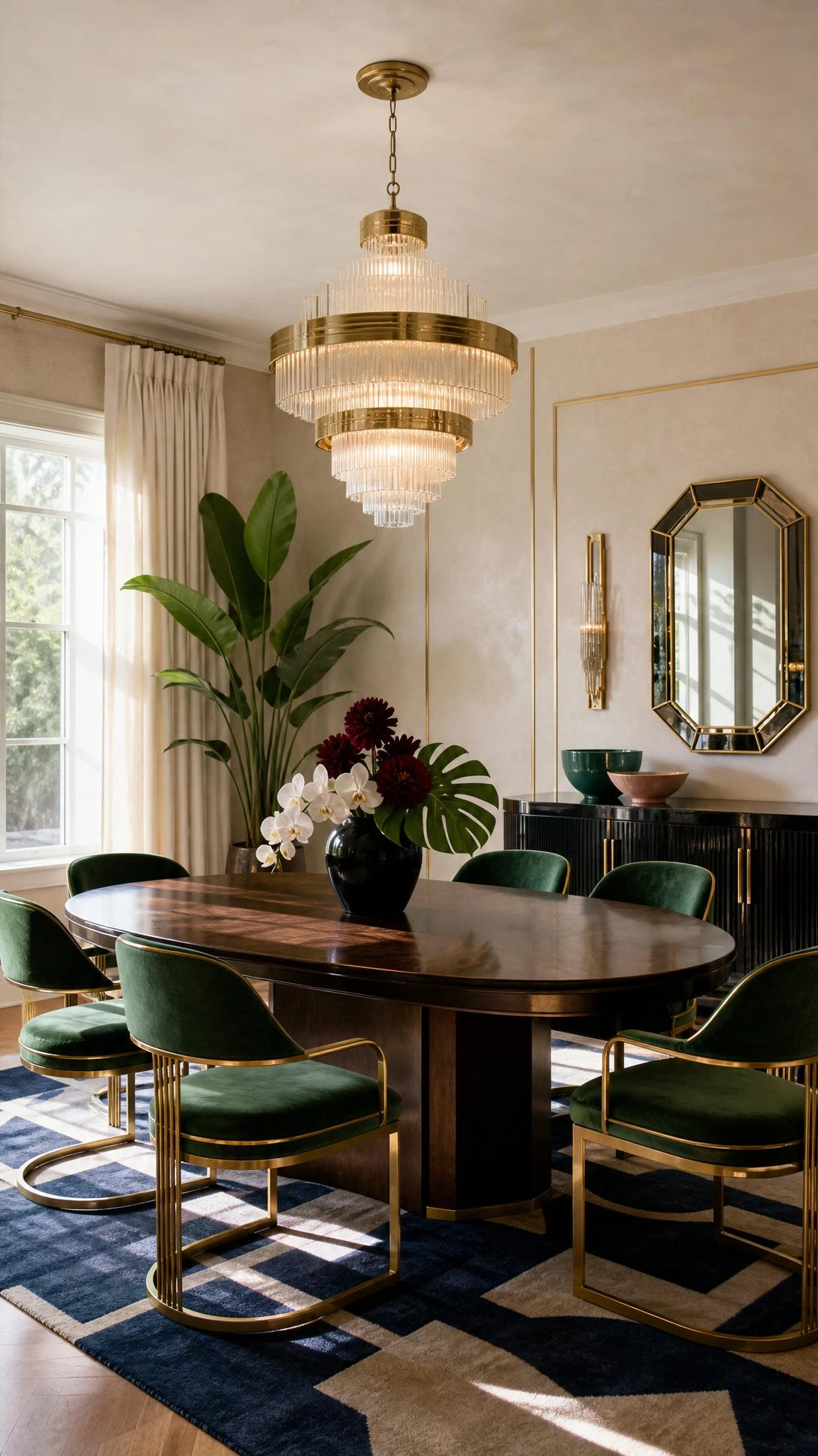 A tiered Art Deco dining room chandelier with frosted glass rods and brass bands anchors a luxurious dining room